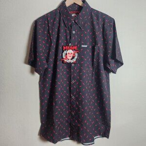 Short-Sleeve Button-Up Shirt in Black with Red Accents